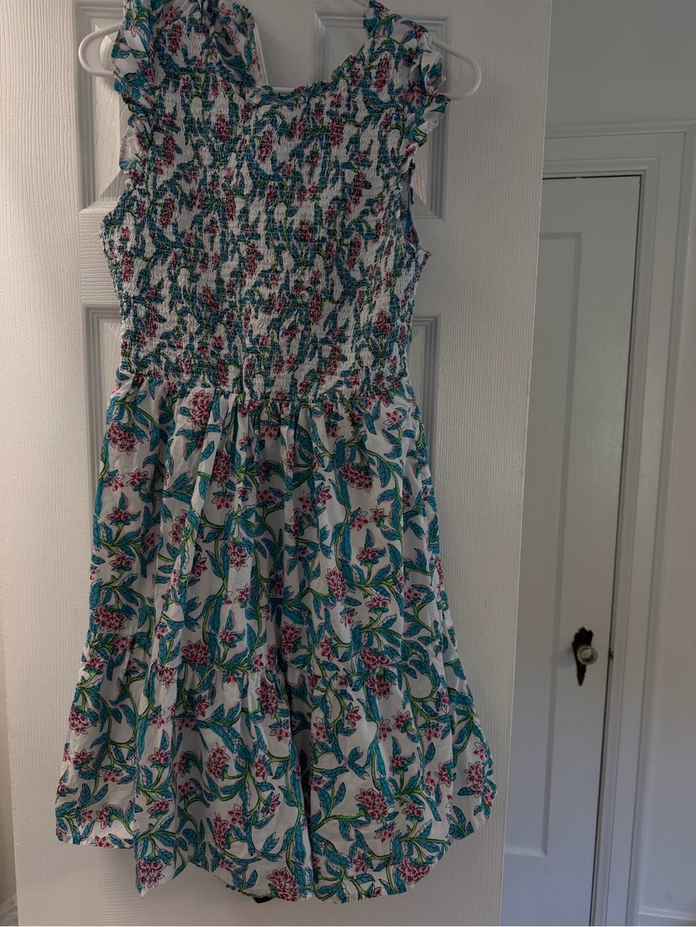 J. Crew Factory White Floral Smocked Sundress with Teal & Pink Accents